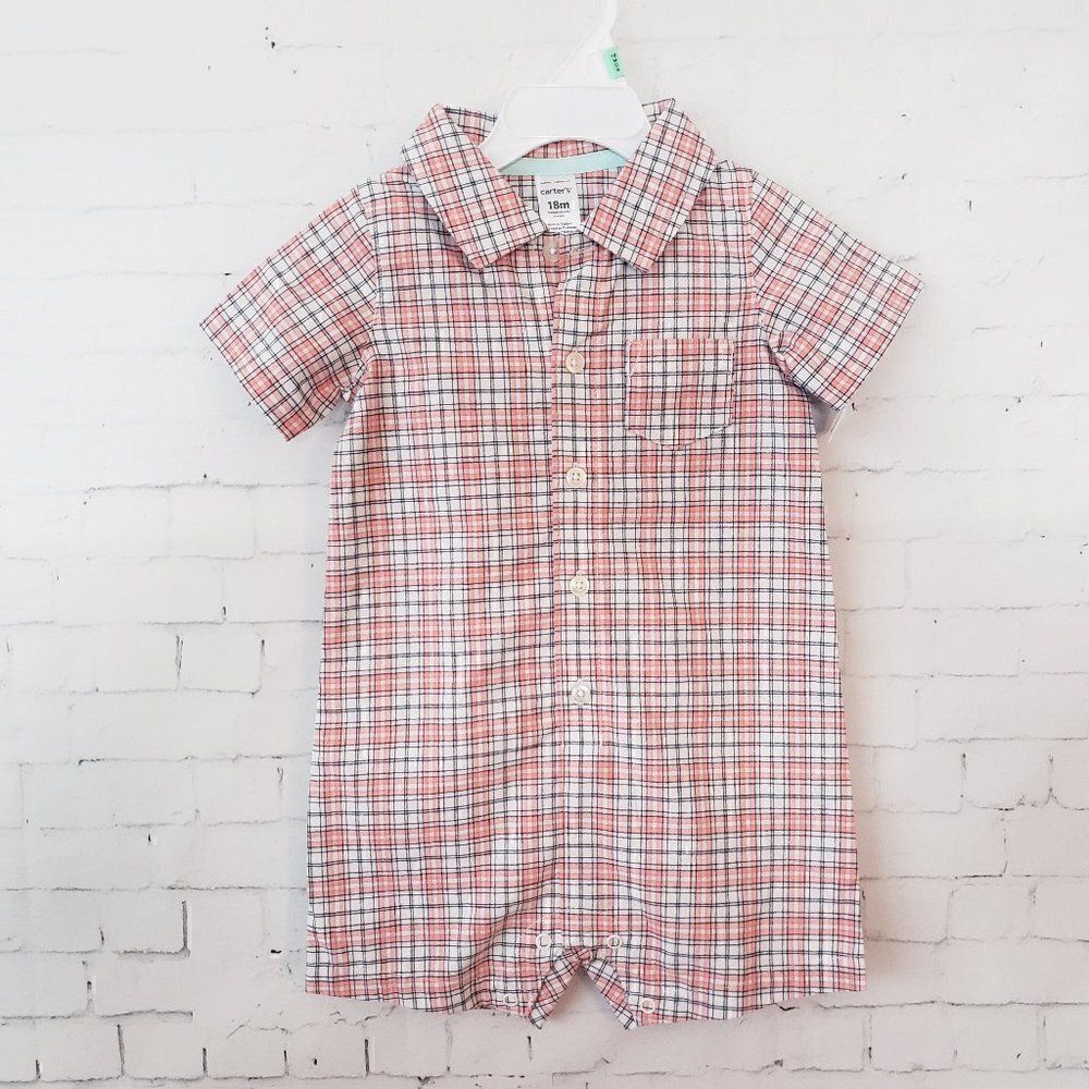 Carters One Piece Collared Outfit Size 18 Months Orange Pink Gray Plaid NEW